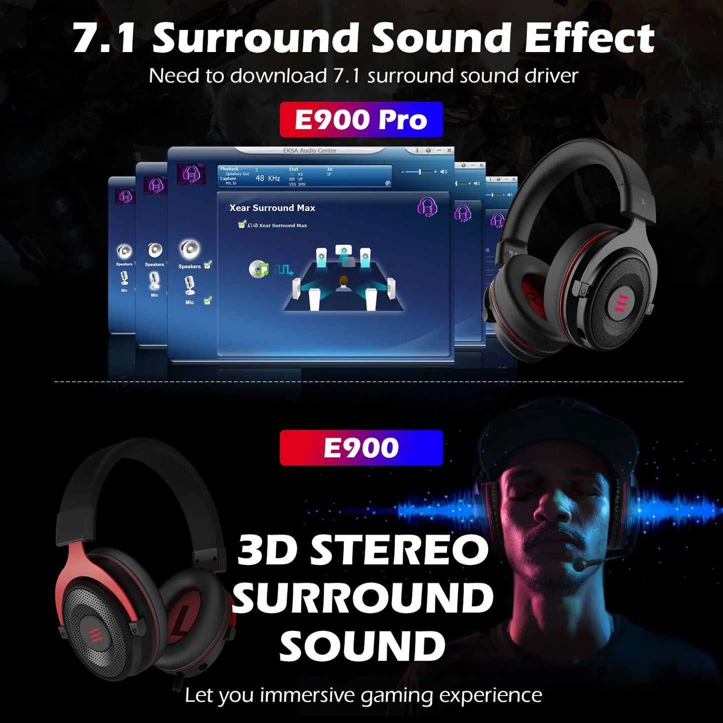 EKSA E900 Pro Virtual 7.1 Surround Sound Gaming Headset Led USB/3.5mm Wired Headphone With Mic Volume Control For Xbox PC Gamer