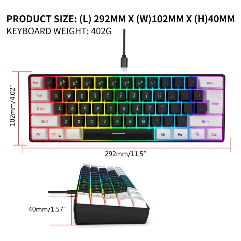 RGB Backlit Keypad Ultra-Compact Mini Keyboard Gaming Keyboard Compound Function V700WB Wired Gaming Keyboard 61Keys Multi-Color