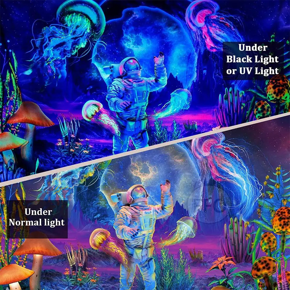 Astronaut Jellyfish Blacklight Tapestry UV Reactive Mushroom Black Light Wall Tapestry Neon Room Decor Aesthetic Wallpapers