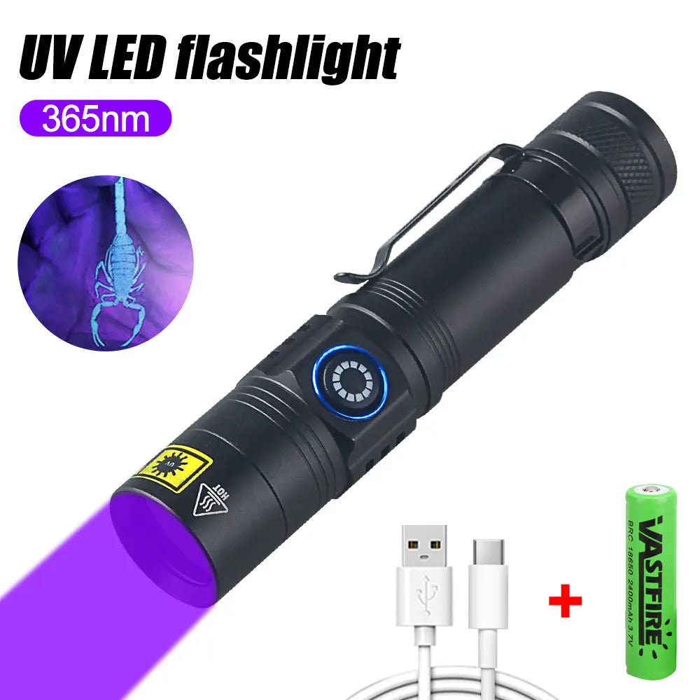 Mini 365nm UV Flashlight Purple Ultraviolet Blacklight USB Rechargeable Carpet Pet Urine Detector Catch Scorpions Linternas