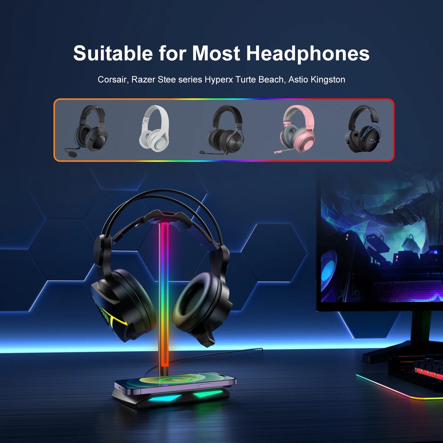 New Bee Z12 RGB Headphones Stand Holder with Wireless Charger Base Desk Gaming Headset Holder Non-Slip Rubber Base