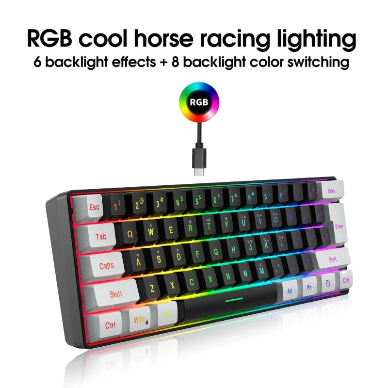 RGB Backlit Keypad Ultra-Compact Mini Keyboard Gaming Keyboard Compound Function V700WB Wired Gaming Keyboard 61Keys Multi-Color