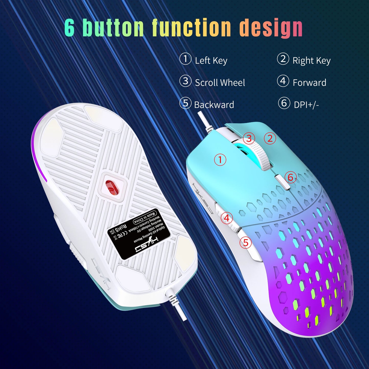 USB Wired Gaming Mouse RGB Gamer Hollow Out Mouses Adjustable 3600 DPI Honeycomb Macro Programmable Ergonomic Mice for PUBG