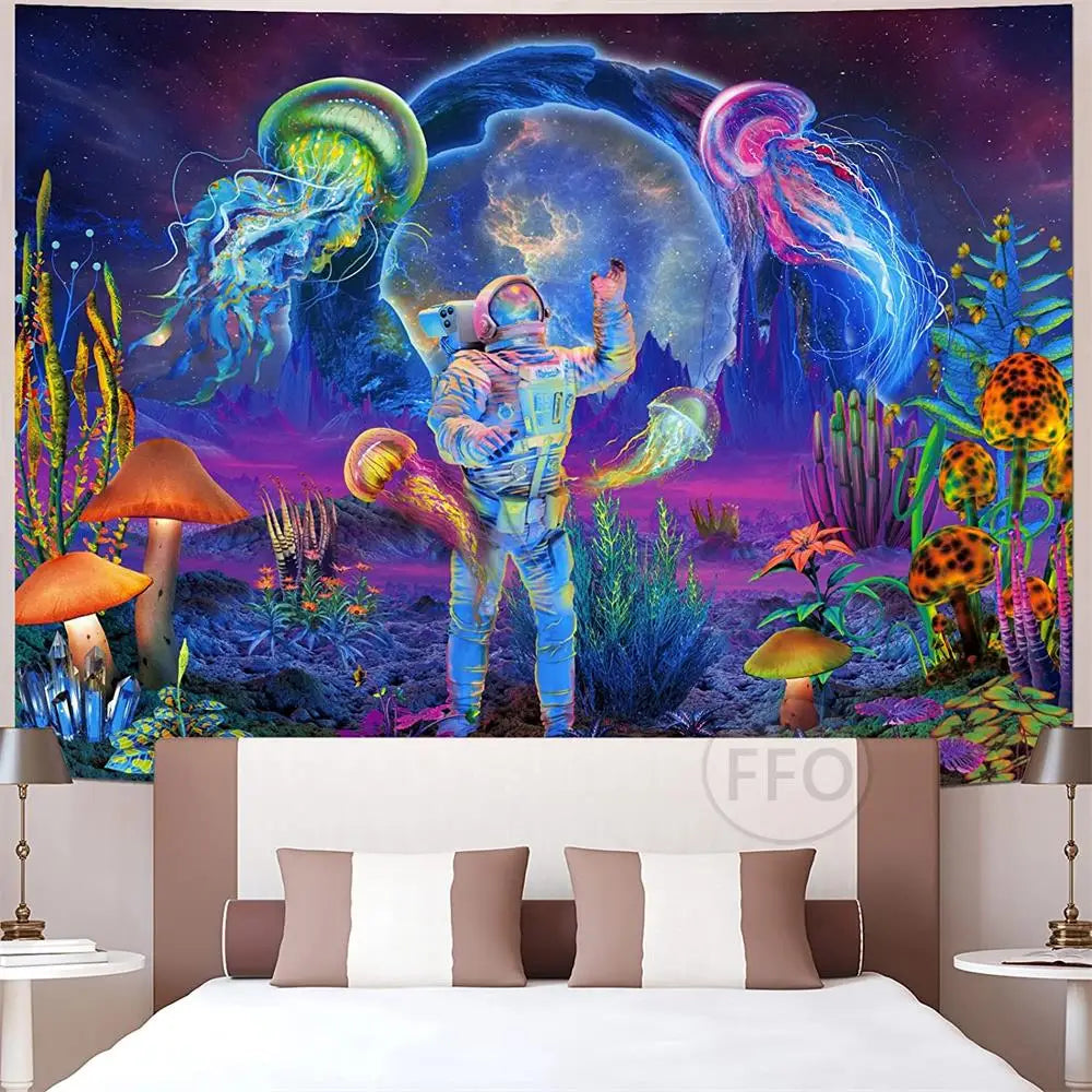 Astronaut Jellyfish Blacklight Tapestry UV Reactive Mushroom Black Light Wall Tapestry Neon Room Decor Aesthetic Wallpapers