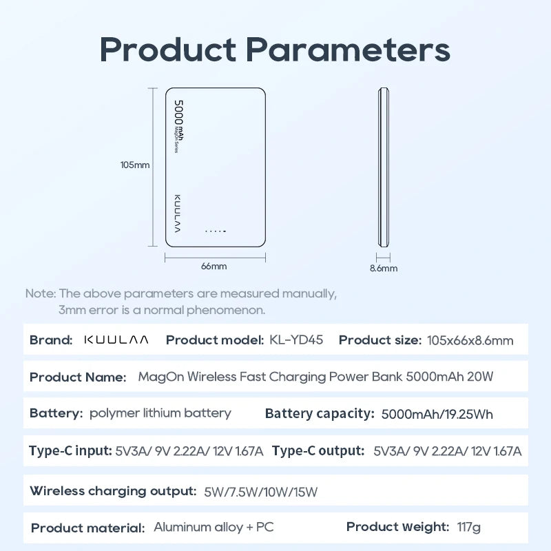 KUULAA Magsafe Power Bank 5000mAh 20W Wireless Phone Charger External Battery Fast Charging For iPhone 14 13 12 Series PowerBank