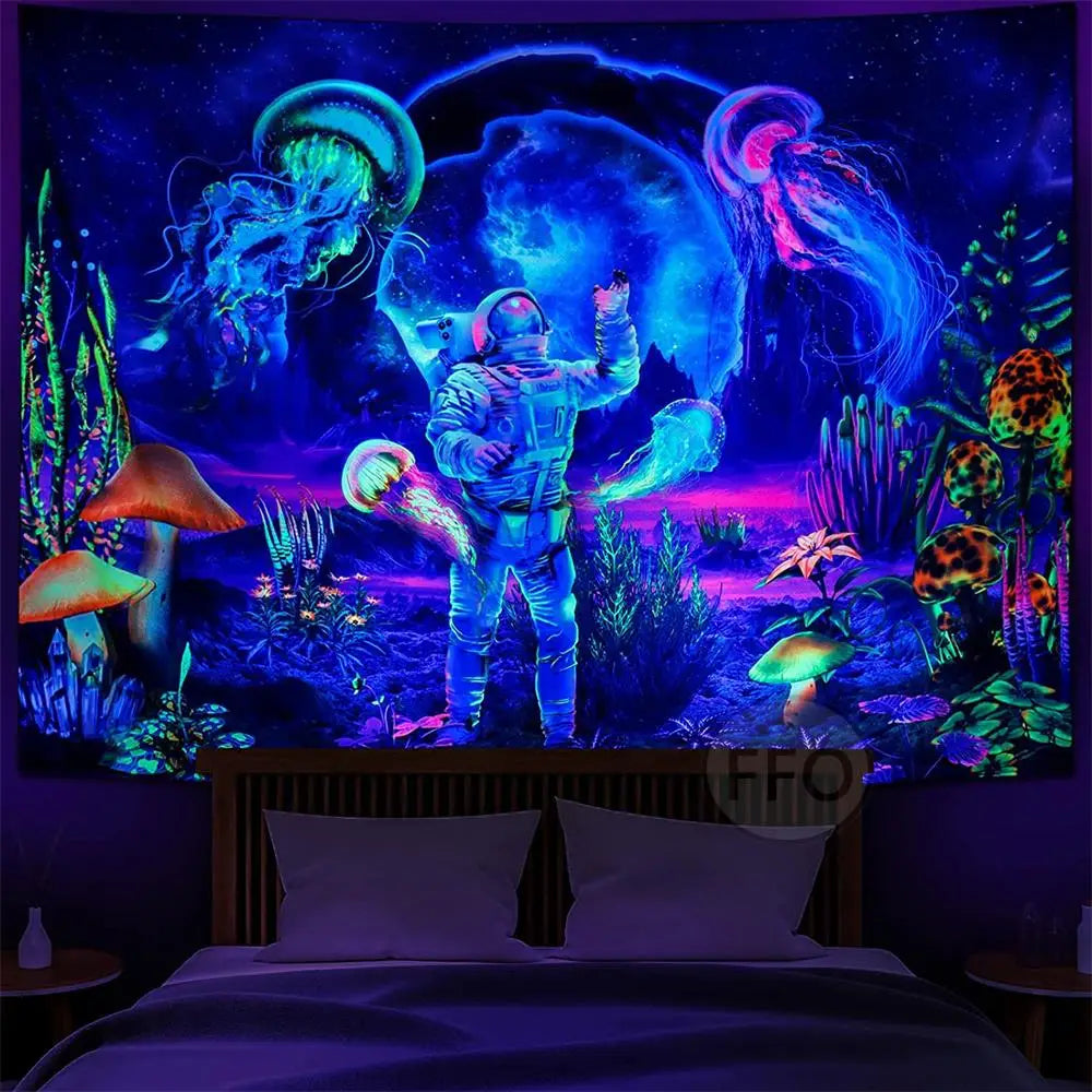 Astronaut Jellyfish Blacklight Tapestry UV Reactive Mushroom Black Light Wall Tapestry Neon Room Decor Aesthetic Wallpapers