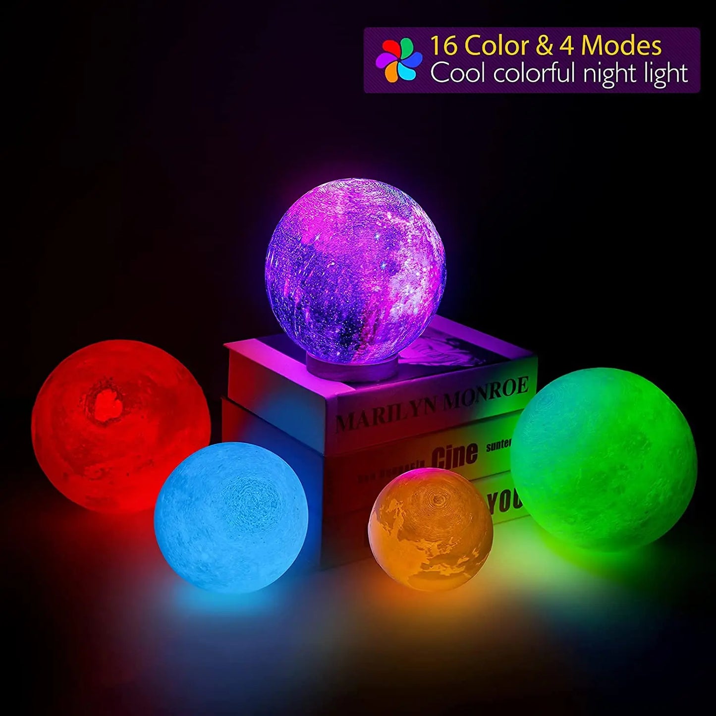 Rotating Moon LED Light Night 16 Colors Lava Lamp 3D Printing LED Moon Night Light with Remote & Touch Control.