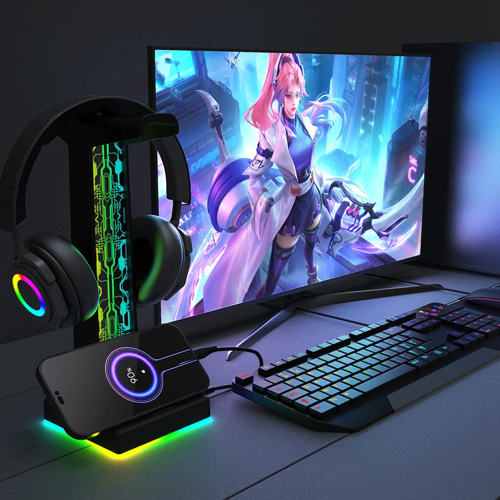 RGB Gaming Headphone Stand 10 Lighting Effects Dual USB Port 3.5mm Audio Port Desktop Gaming Headset Holder Hanger for Gamer PC