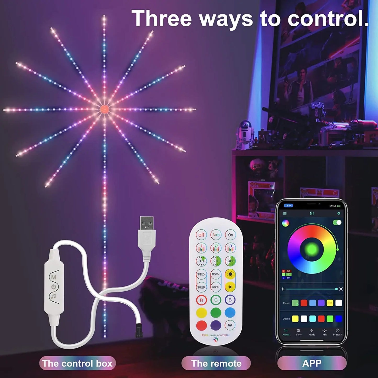 ColorRGB,Firework LED Strip Lights Dream Color RGB Changing Music Sound Sync Bluetooth Firework Lights with Remote Control DC 5V