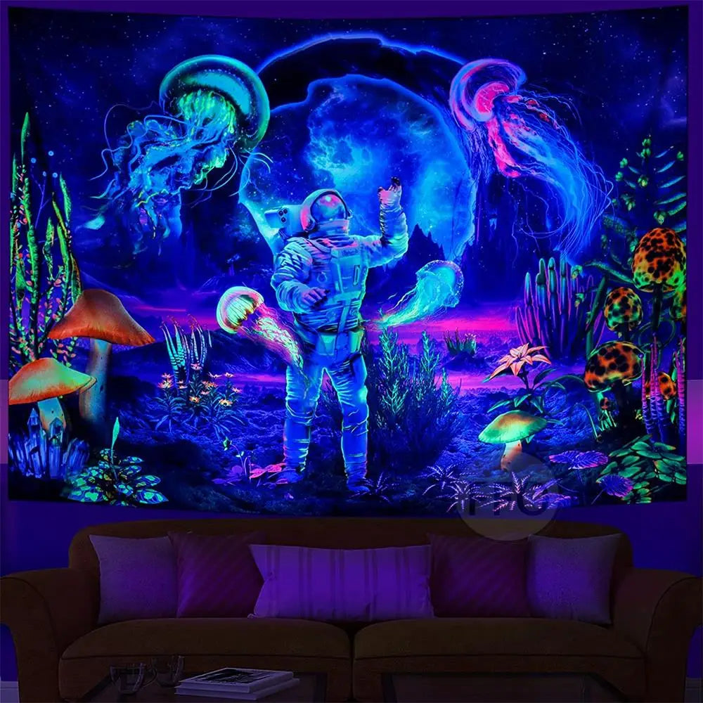 Astronaut Jellyfish Blacklight Tapestry UV Reactive Mushroom Black Light Wall Tapestry Neon Room Decor Aesthetic Wallpapers