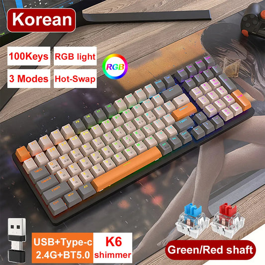 Korean K96 Mechanical Gaming Keyboard 100 Keys Red/Blue Switch Hot-Swap RGB Backlight Keyboard 2.4G BT5.0 Type-C 3 Modes Keypad