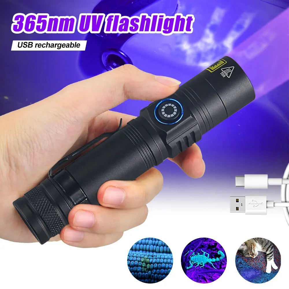 Mini 365nm UV Flashlight Purple Ultraviolet Blacklight USB Rechargeable Carpet Pet Urine Detector Catch Scorpions Linternas